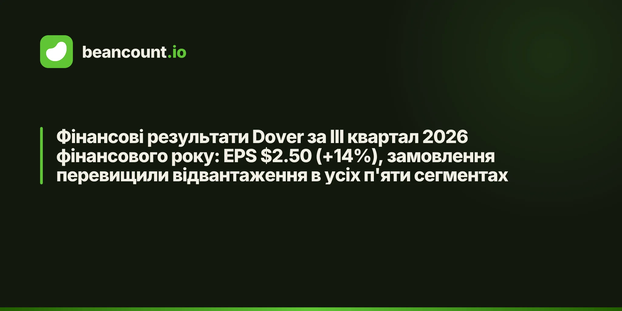 Фінансові результати Dover за III квартал 2026 фінансового року: EPS $2.50 (+14%), замовлення перевищили відвантаження в усіх п'яти сегментах
