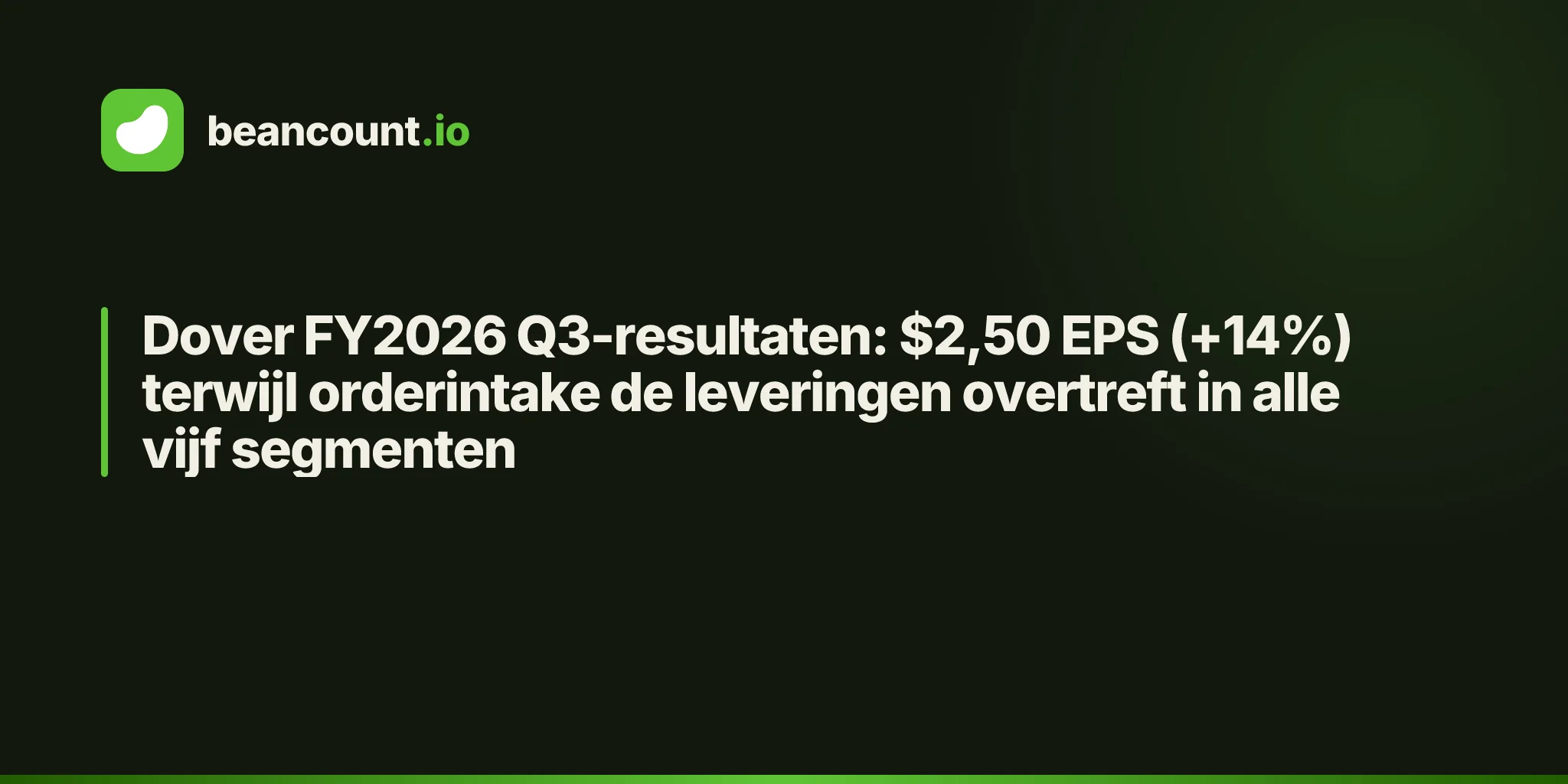 Dover FY2026 Q3-resultaten: $2,50 EPS (+14%) terwijl orderintake de leveringen overtreft in alle vijf segmenten