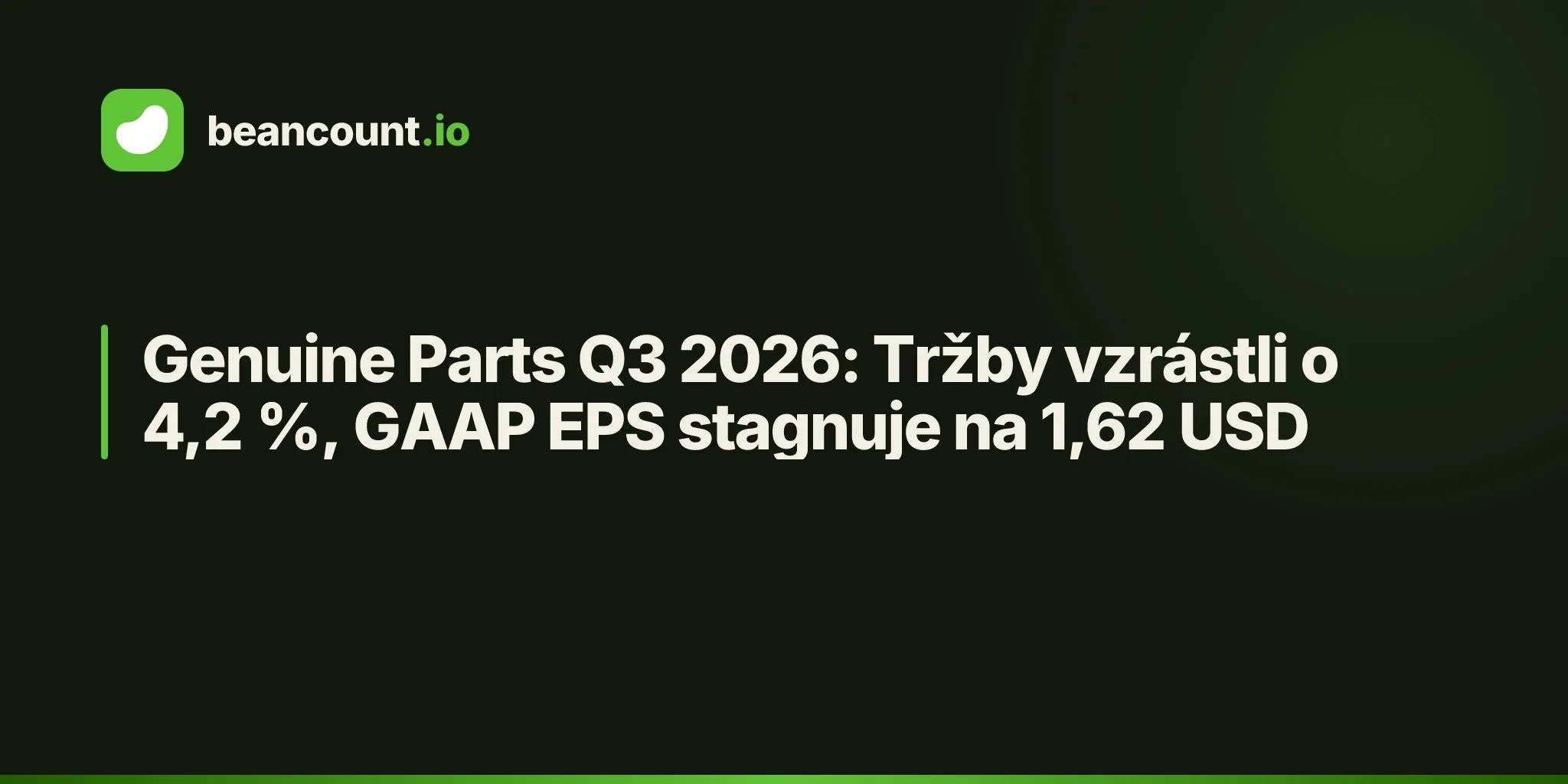 Genuine Parts Q3 2026: Tržby vzrástli o 4,2 %, GAAP EPS stagnuje na 1,62 USD